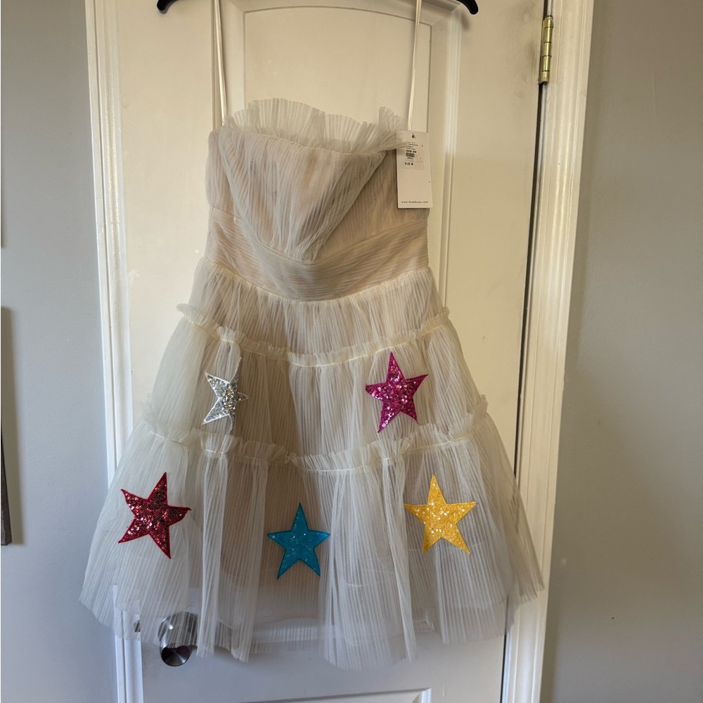 Star Embellished Cream Mini Dress